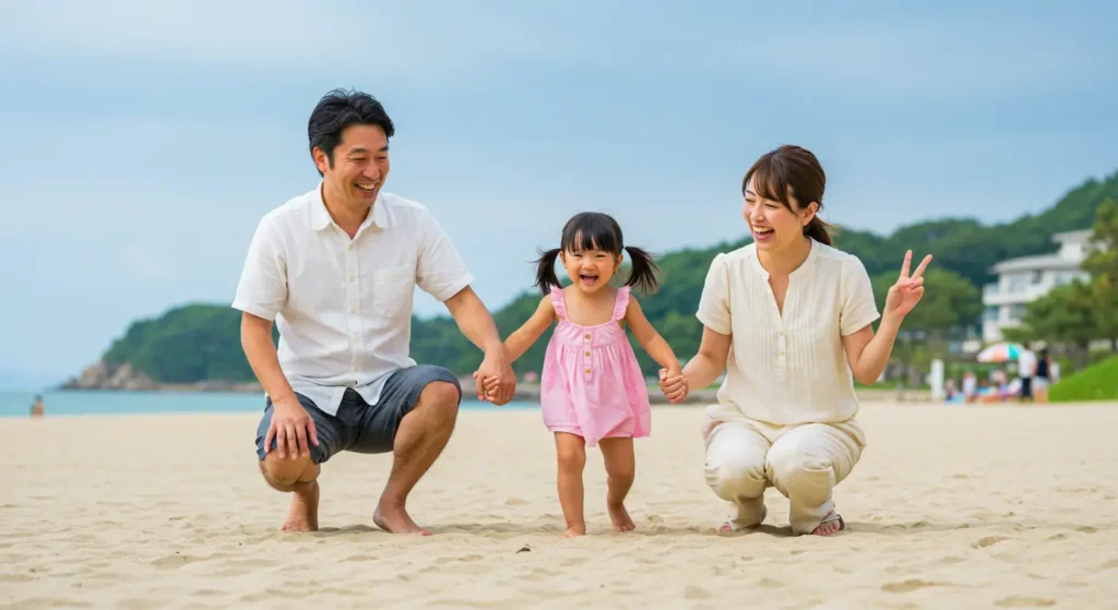 沖縄の海で遊ぶ親子