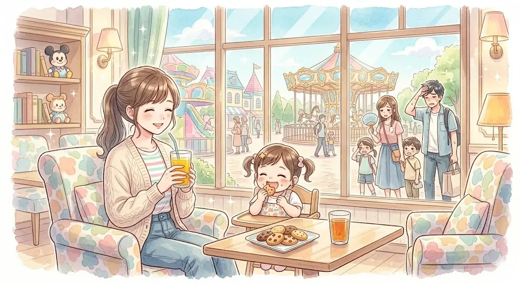 JTBラウンジでくつろぐ30代ママと子どものイラスト（パステルアニメ調）