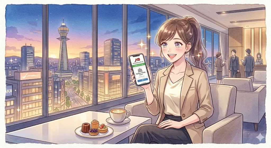ホテルのJTBラウンジでケーキとドリンクを楽しむ30代女性のイラスト