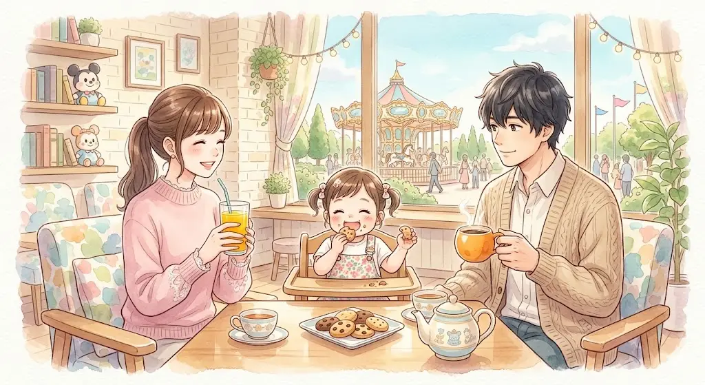 テーマパークのJTBラウンジで休憩する子連れ家族のイラスト