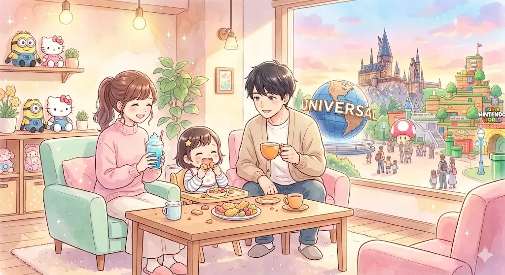 沖縄のJTBラウンジ付きホテルでくつろぐ家族のイラスト