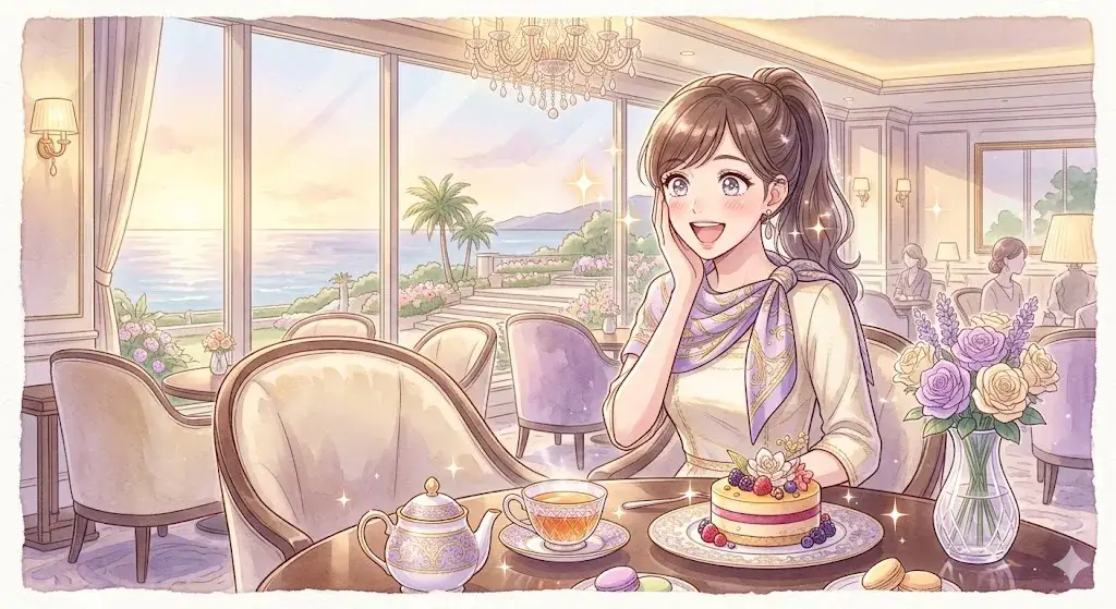 USJエースJTBラウンジでフリードリンクを楽しむ家族のイラスト