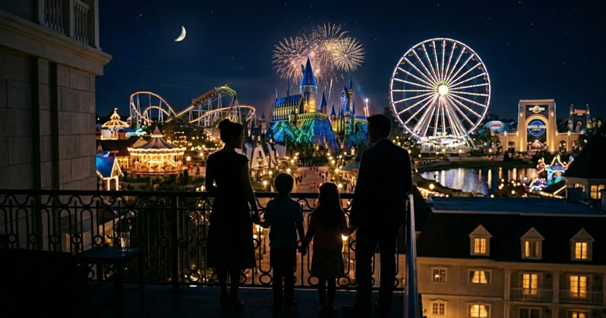 2029年のUSJ旅行を計画するイメージ。ノートパソコンとスマホで旅行の予約をする女性