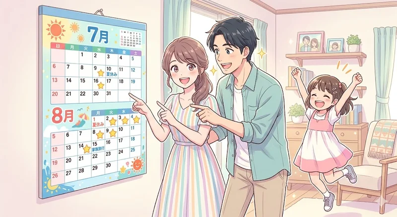 夏の予約日程をカレンダーで確認する30代夫婦と喜ぶ子ども