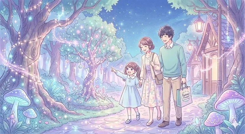 テーマパーク内の葬送のフリーレン ストーリー・ウォークエリアを歩く家族3人。