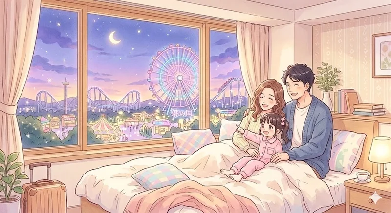 テーマパークが見えるホテルの窓際でくつろぐ30代夫婦と子ども