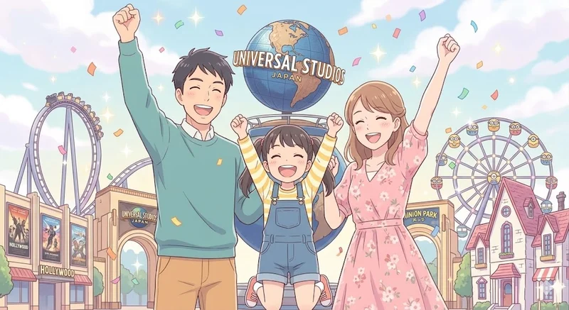 テーマパークで両手を広げて喜ぶ30代夫婦と子ども。コンフェッティが舞うシーン