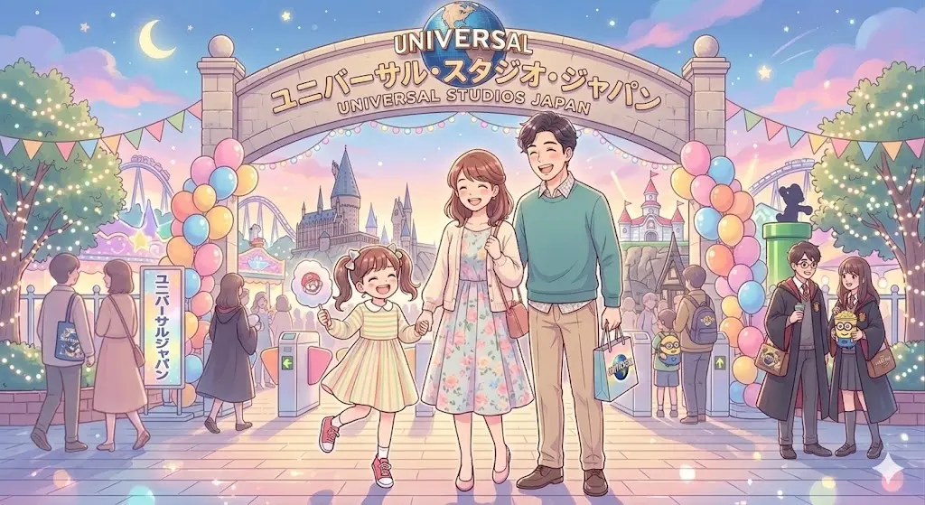 テーマパークの入口で笑顔の30代夫婦と小学生の子ども。明るいアニメ調イラスト