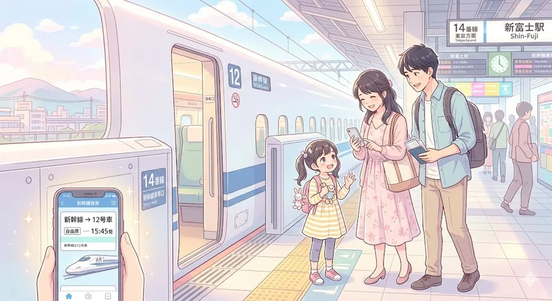 新幹線のホームで旅の準備をする30代夫婦と子ども