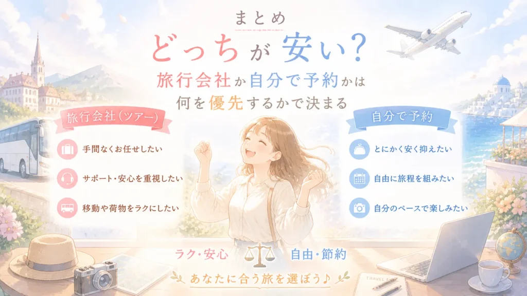 まとめ:旅行会社か自分で予約かは何を優先するかで決まる