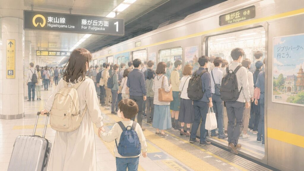 朝晩の地下鉄混雑の中ジブリパークに向かう親子