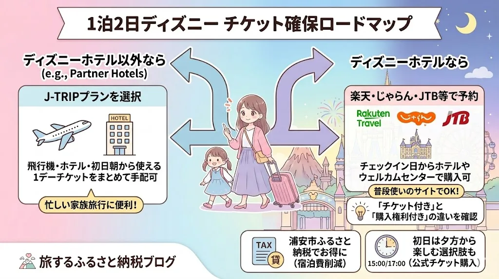 ディズニー1泊2日のチケット確保ルートをJ-TRIPとディズニーホテルに分けて説明した図解