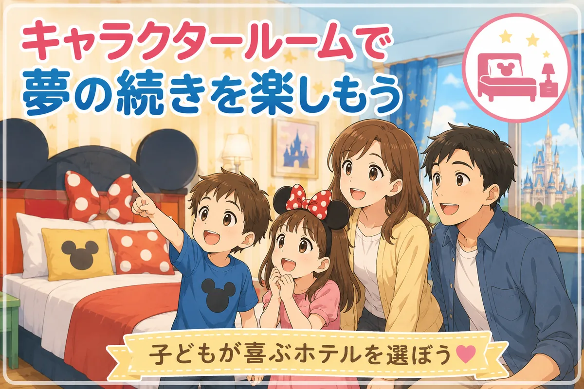 子どもが喜ぶディズニー風キャラクタールームを家族で楽しむイメージ