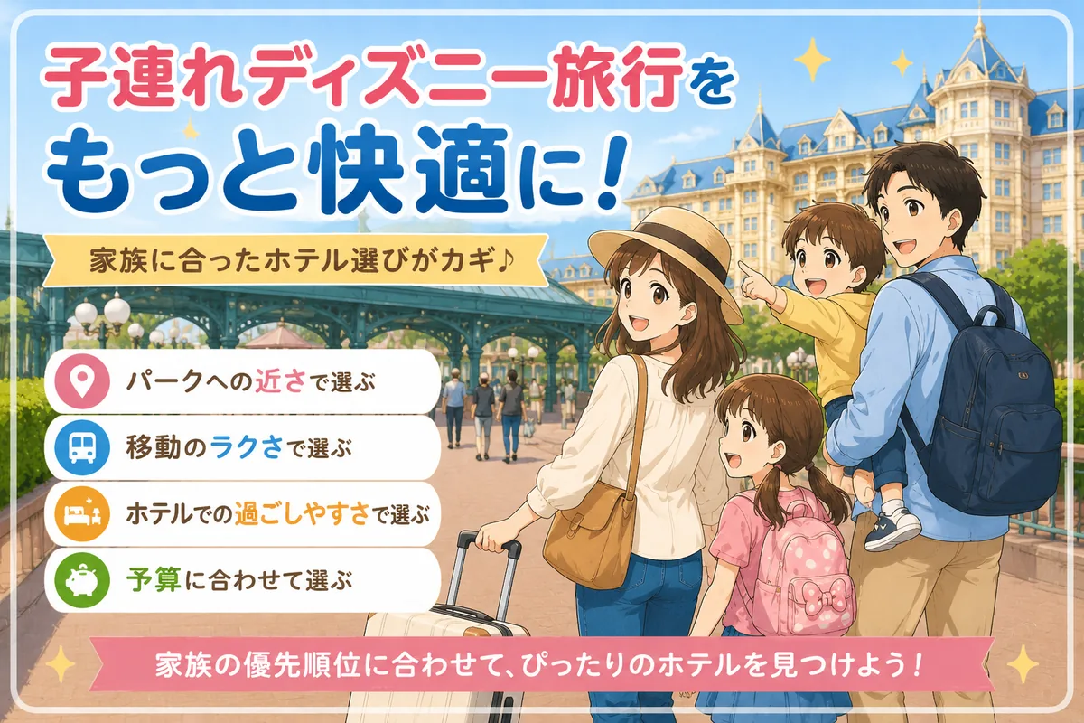 子連れディズニー旅行で家族の優先順位に合わせてホテルを選ぶイメージ