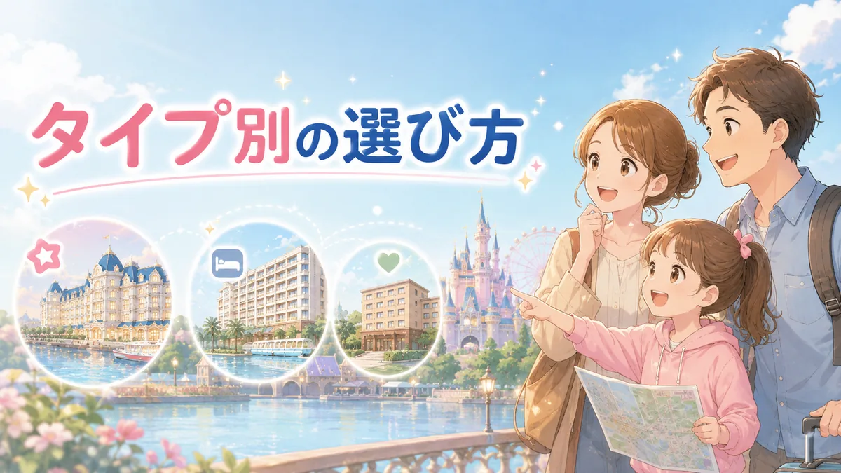 子連れディズニーで家族に合うホテルタイプを選ぶイメージ