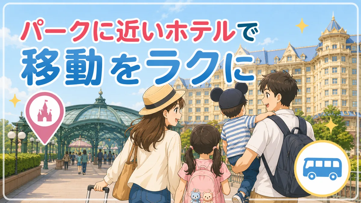 子連れディズニーでパークに近いホテルを選ぶ家族のイメージ