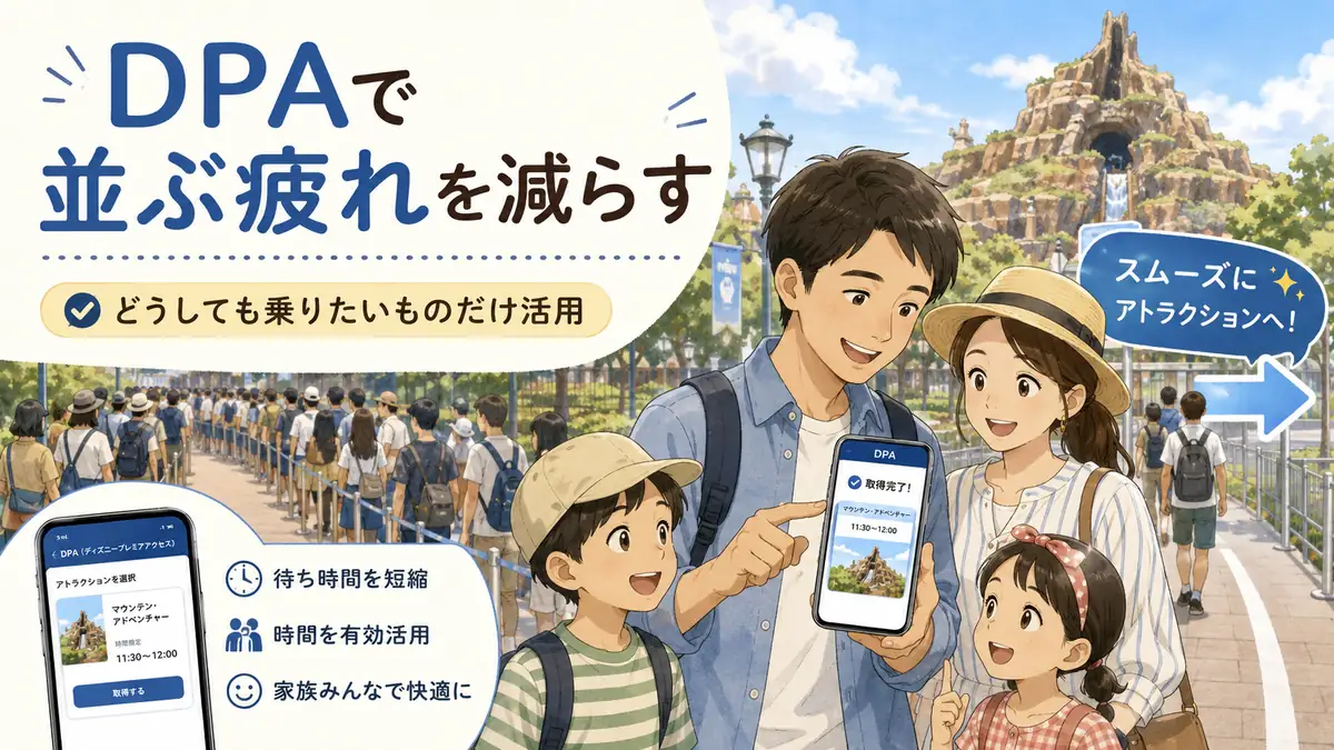 ディズニーでDPAを使って並ぶ疲れを減らす家族旅行のイメージ