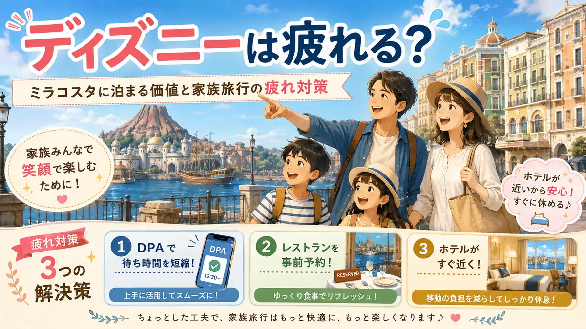 ディズニーシーで家族旅行の疲れ対策を考える家族とミラコスタ周辺の風景