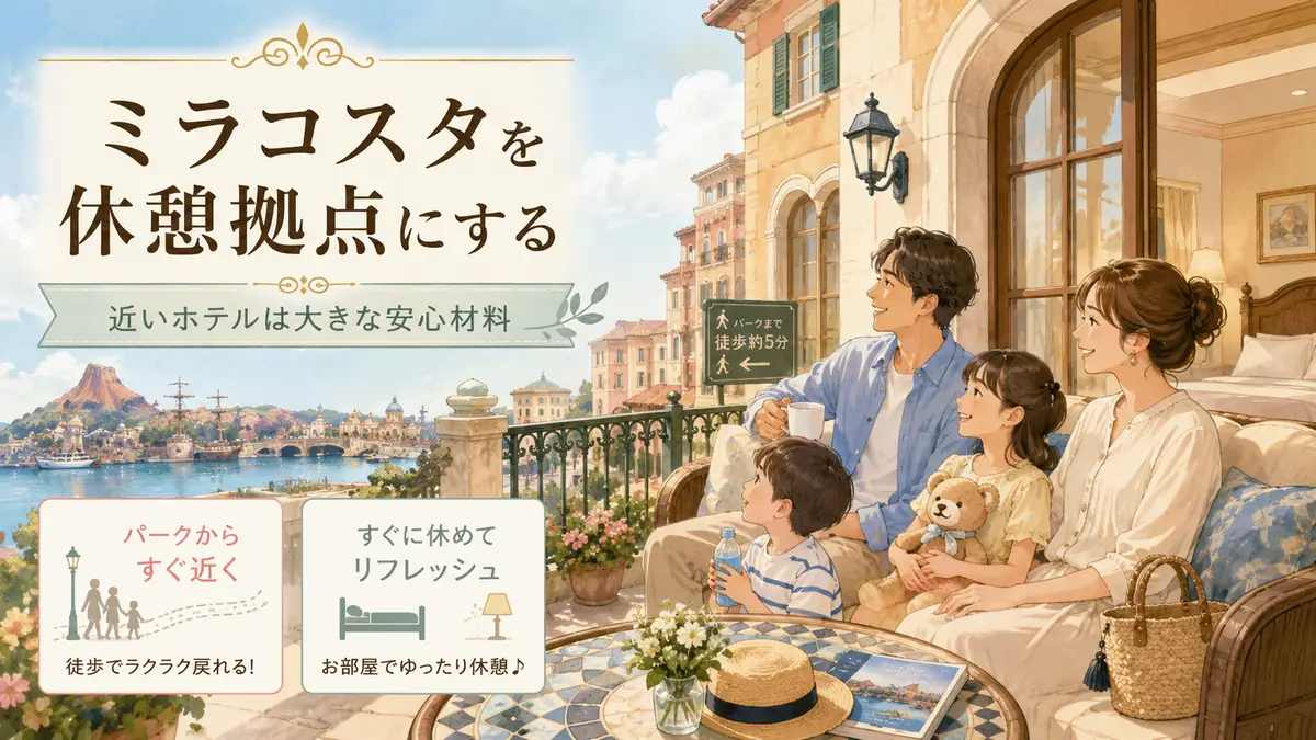 ミラコスタを休憩拠点にしてディズニーシー旅行を楽しむ家族のイメージ