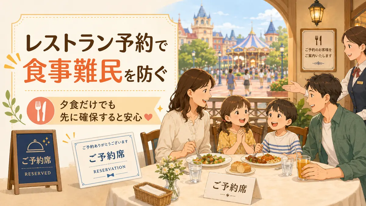 ディズニーでレストラン予約をして食事難民を防ぐ家族旅行のイメージ