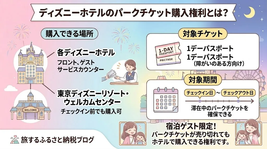 ディズニーホテル宿泊者がパークチケットを購入できる場所と対象期間を説明した図解