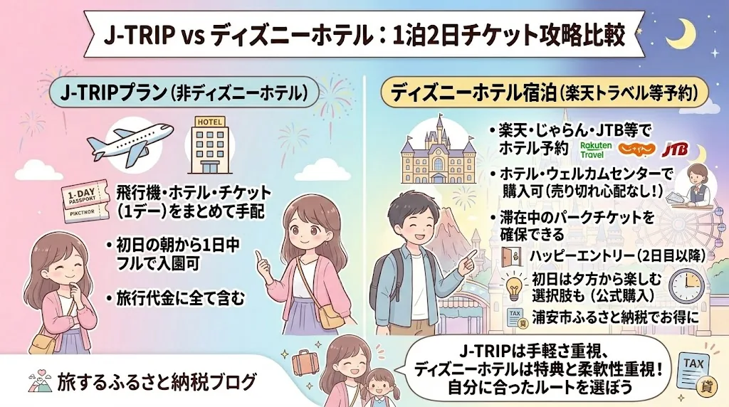J-TRIPプランとディズニーホテル宿泊のチケット確保方法を比較した図解