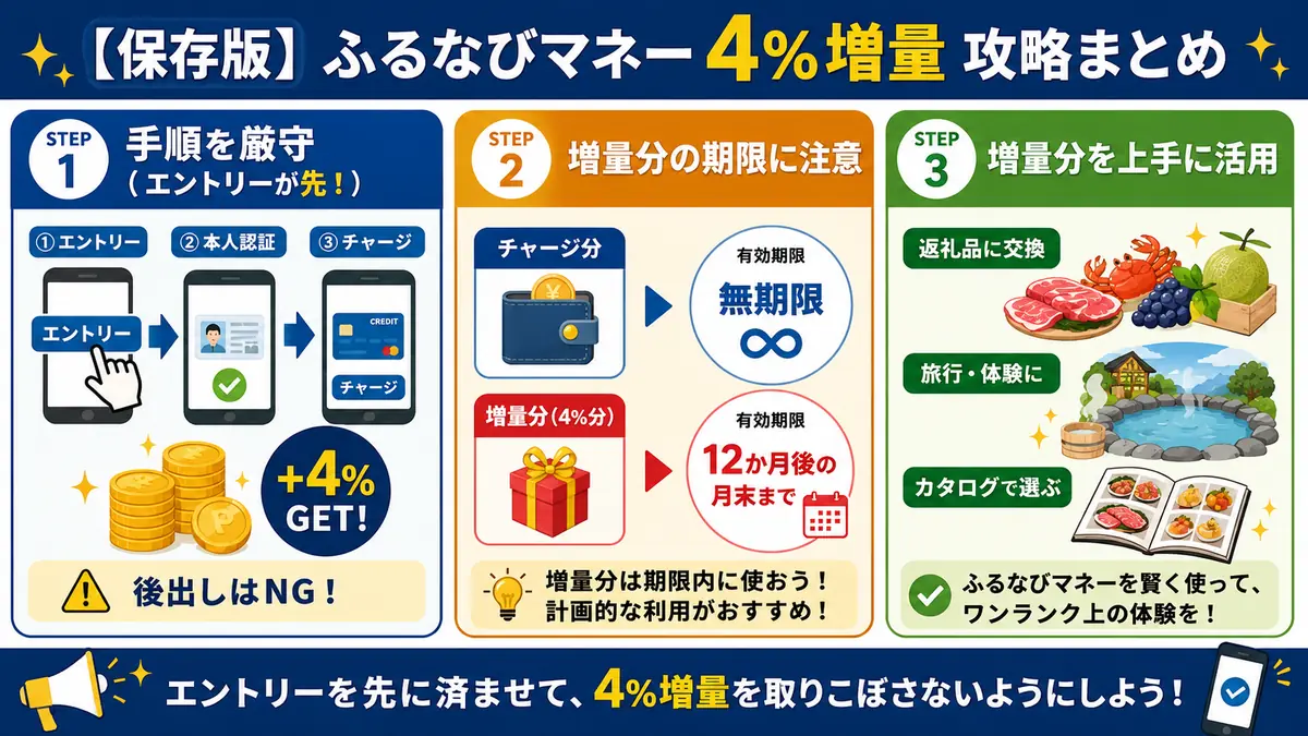 ふるなびマネー4％増量を取りこぼさないためのエントリー・期限・活用方法をまとめた攻略図解