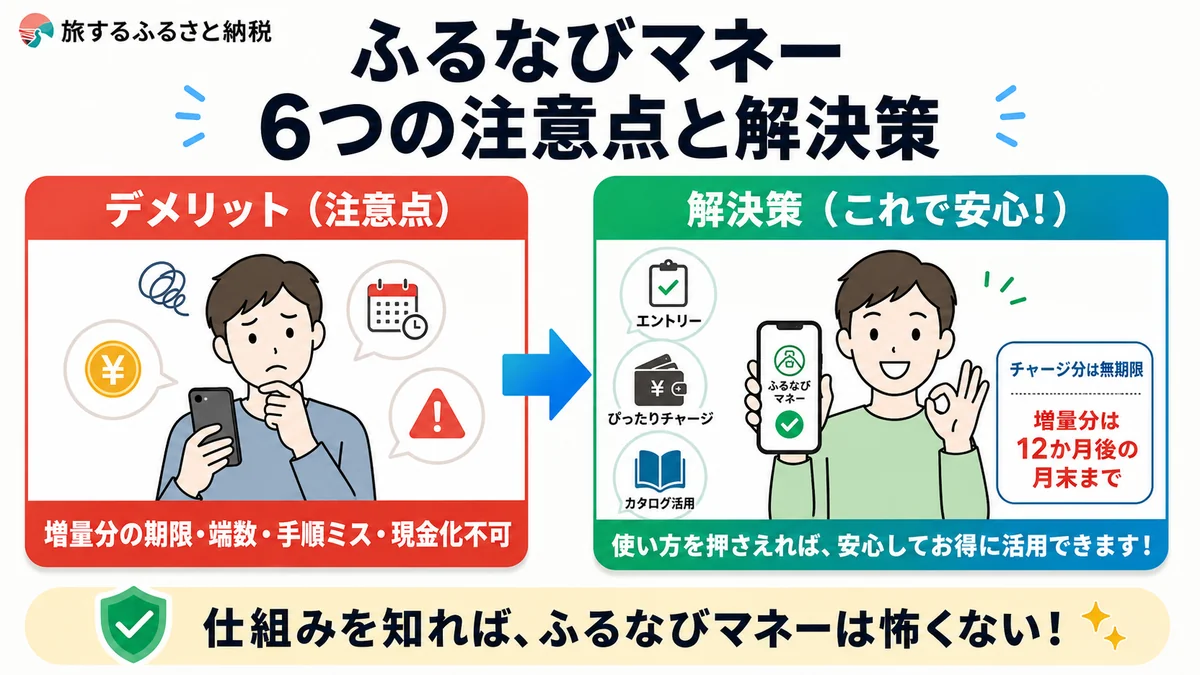 ふるなびマネーの6つの注意点と解決策をまとめた図解