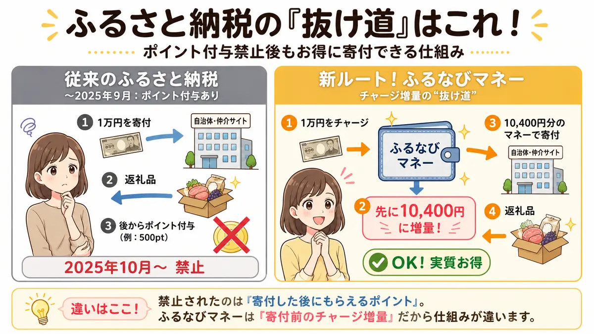 従来のふるさと納税ポイント付与とふるなびマネー4％チャージ増量の違いを比較した図解