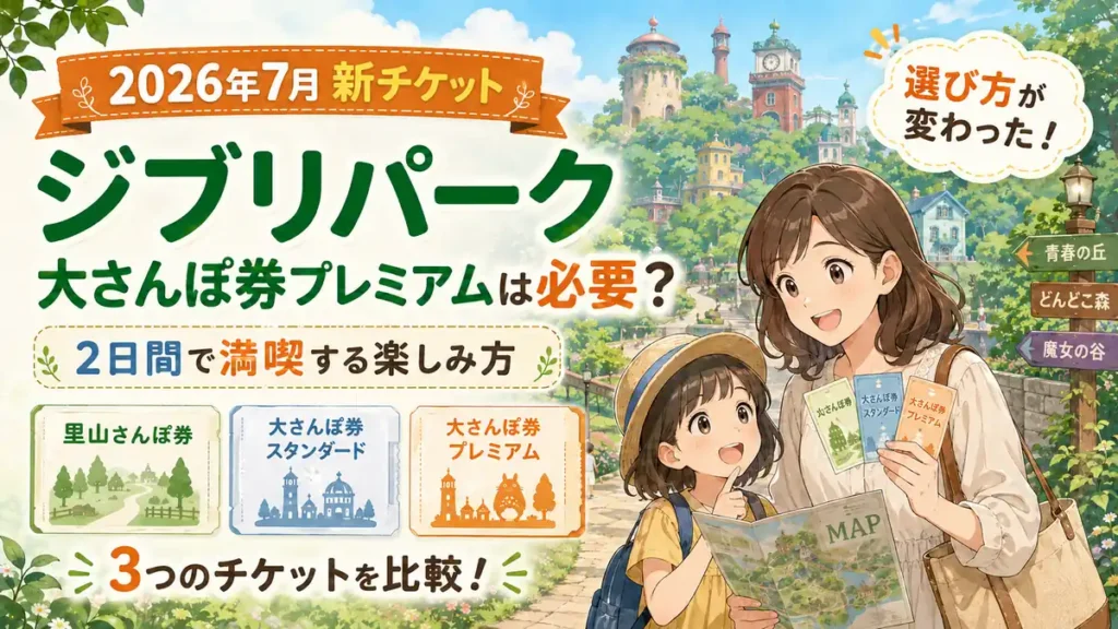 2026年7月から登場する里山さんぽ券を含め、ジブリパークの3つのチケットを比較するアイキャッチ画像