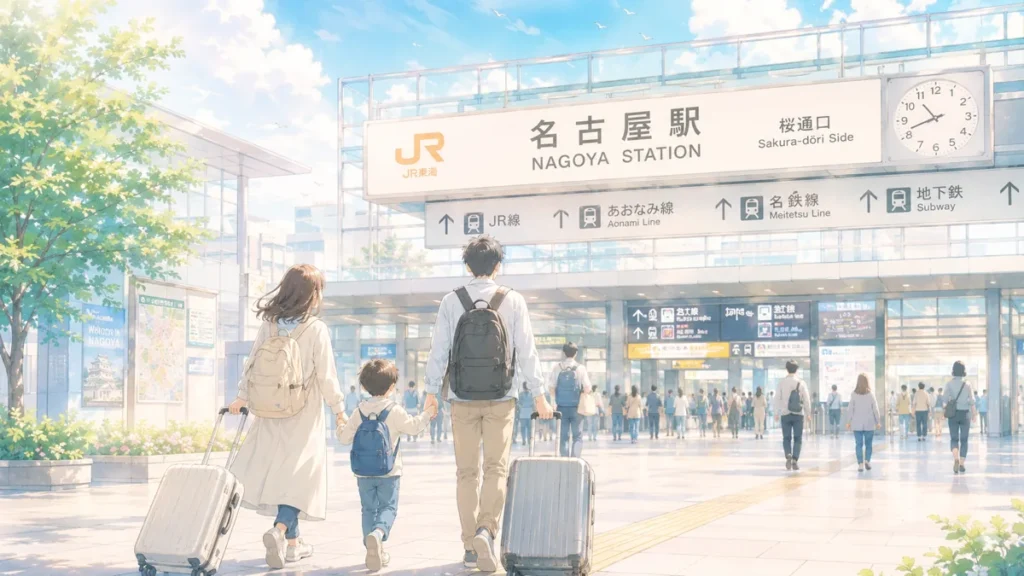 ジブリパークに行こうとワクワクしながら名古屋駅に向かう親子