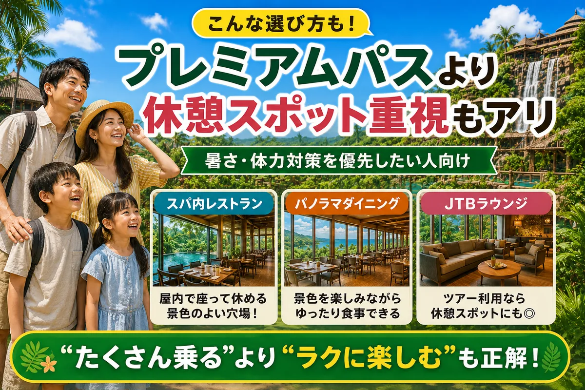 プレミアムパスより休憩スポットを重視したい人向けに、スパやレストラン、JTBラウンジを紹介する画像