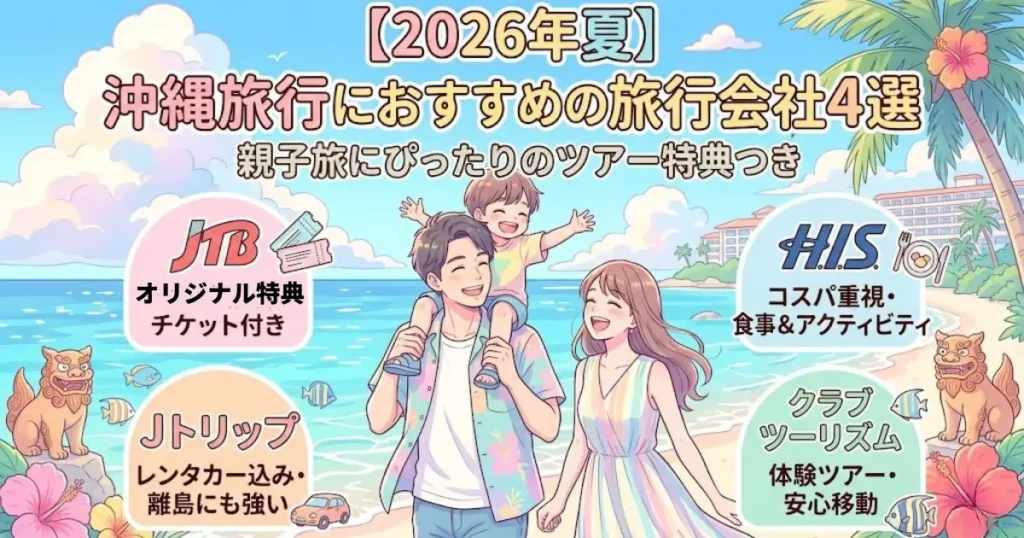 2026年夏・沖縄旅行におすすめの旅行会社4選のアイキャッチ画像。パステル調のアニメ風イラストで、沖縄のビーチにいる笑顔の30代夫婦と子供が描かれている。