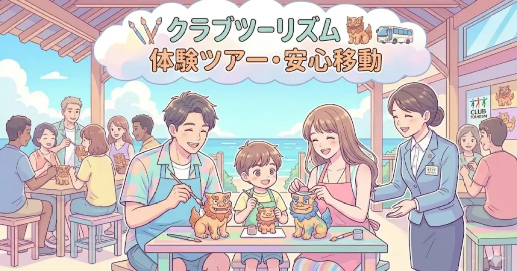 クラブツーリズムの「体験ツアー・安心移動」をイメージしたイラスト。工房でシーサーの絵付け体験をする親子と、それを見守る添乗員。