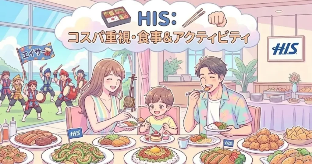 HISの「コスパ重視・食事&アクティビティ」をイメージしたイラスト。家族で沖縄料理のビュッフェを楽しみ、窓の外では子供たちがエイサーを踊っている。