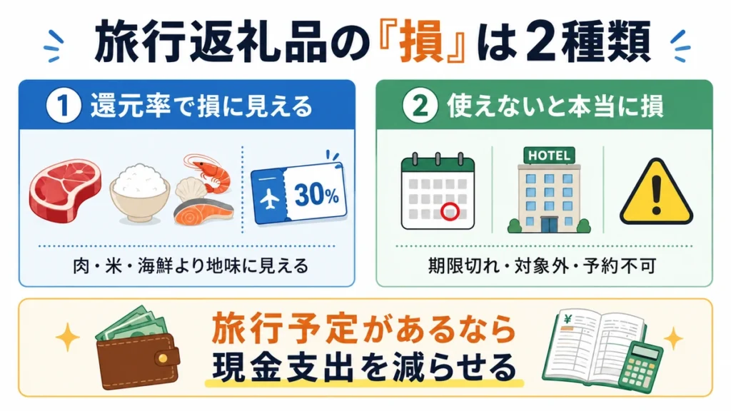 ふるさと納税の旅行返礼品が損に見える理由と使えないリスクを比較した図解