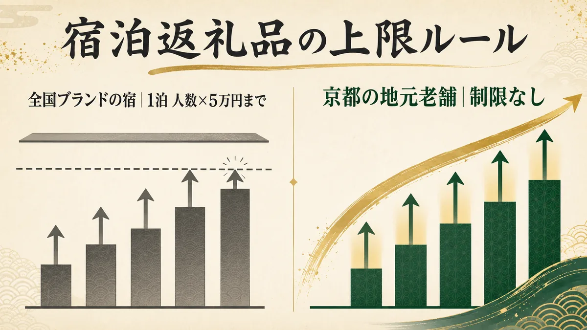 宿泊返礼品の上限ルールの対比図。全国ブランドは1泊人数×5万円まで、京都の地元老舗は制限なし