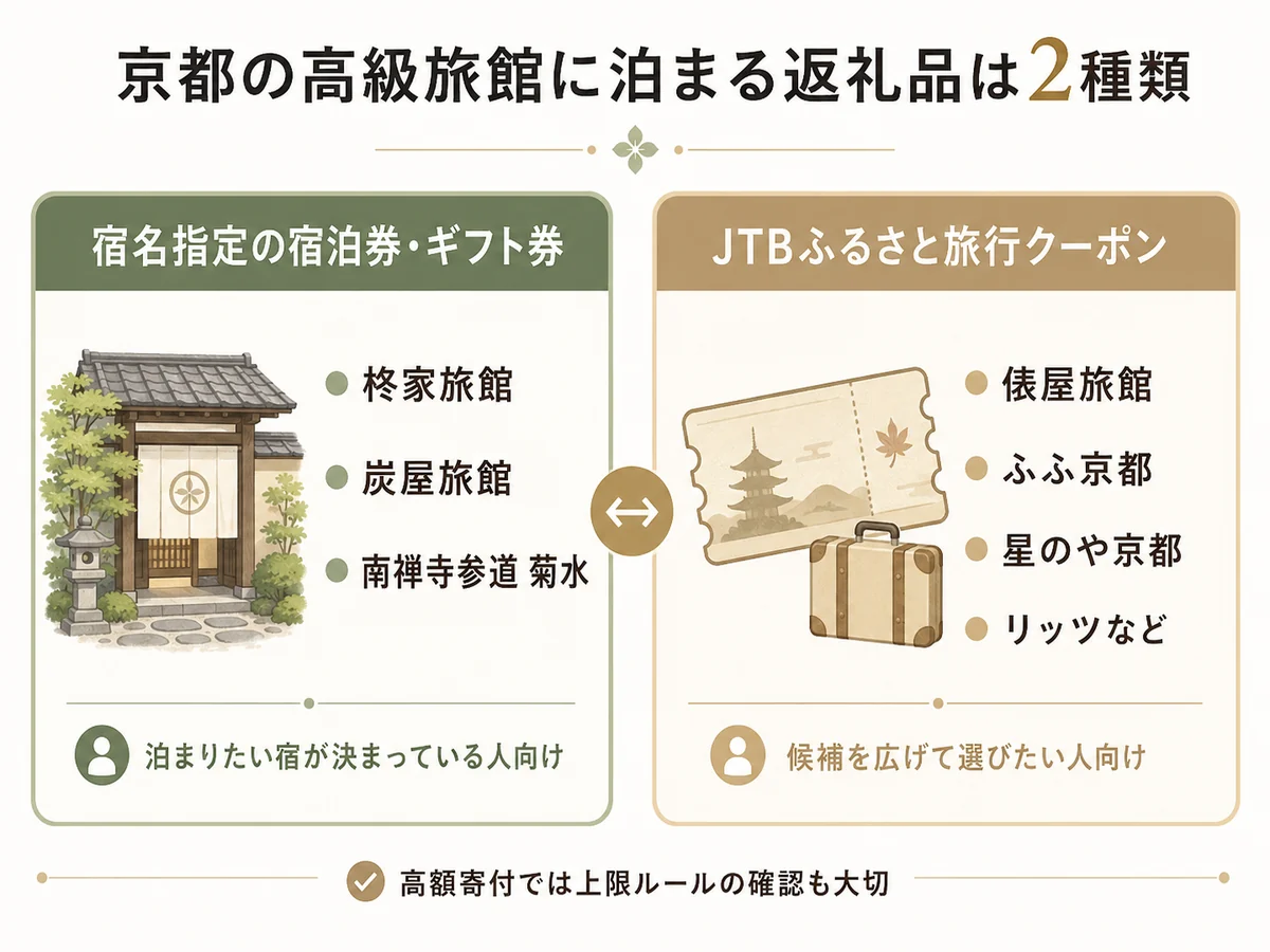 京都の高級旅館にふるさと納税で泊まる方法を宿泊券とJTBクーポンに分けた図解