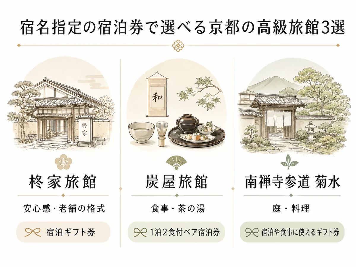 宿名指定の宿泊券・ギフト券で選べる京都の高級旅館3軒の比較図