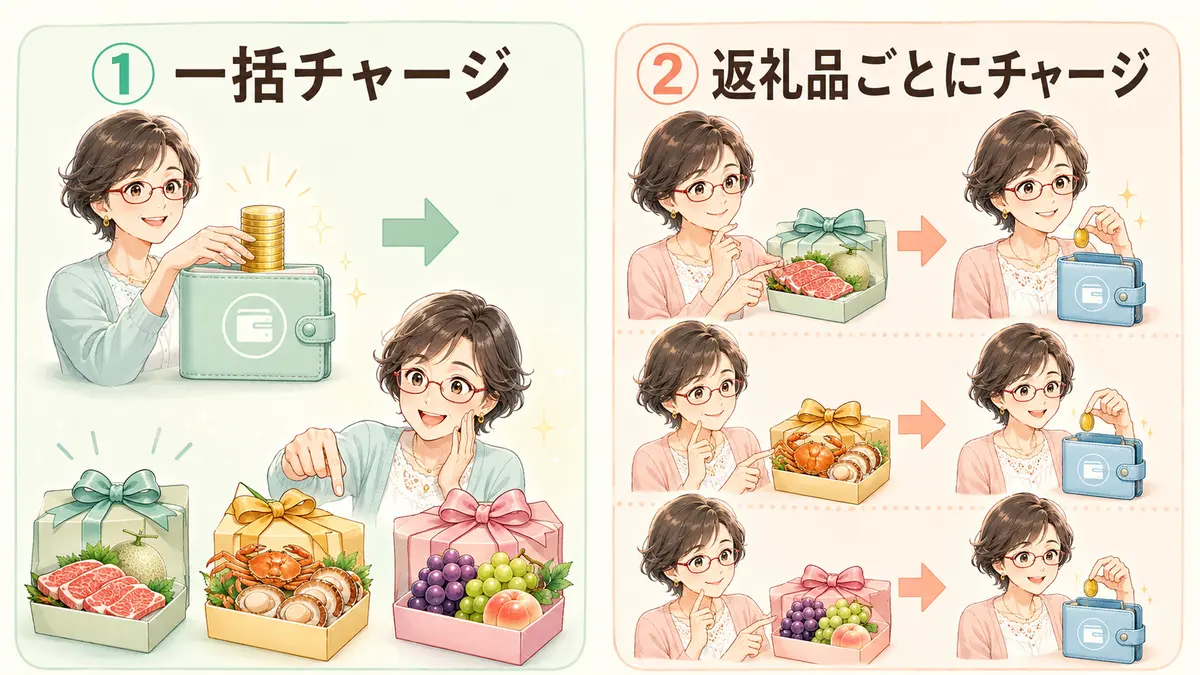 ふるなびマネーの一括チャージと返礼品ごとのチャージの違い