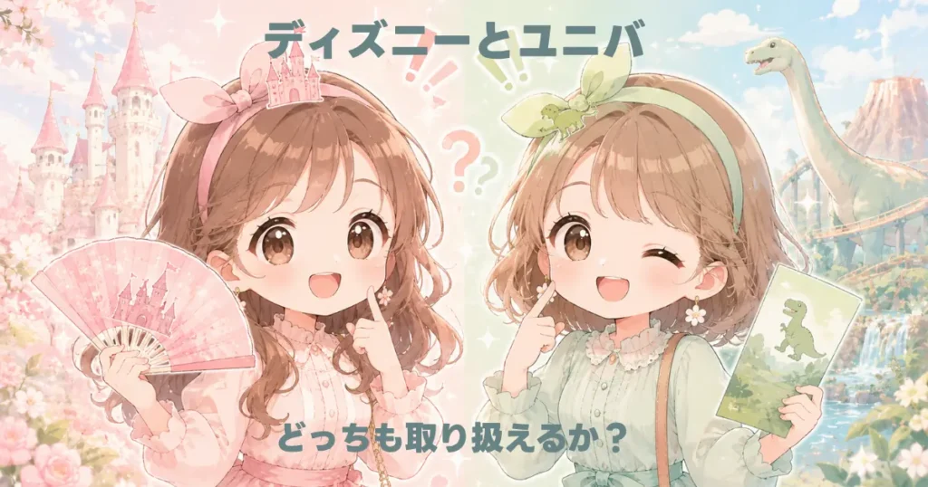 ディズニーは楽天トラベルクーポン、USJはふるなびトラベルが対応しており、じゃらんがどこまで両方をカバーできるかを表すイメージ画像