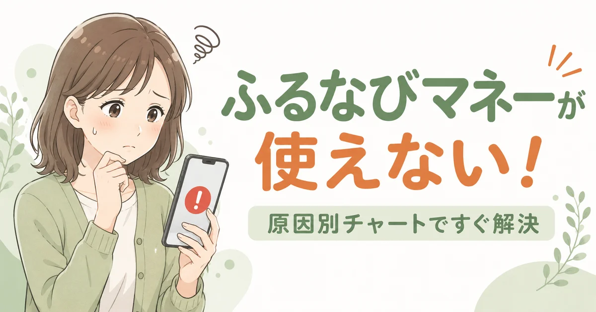 スマホを見て困った表情の女性と「ふるなびマネーが使えない！原因別チャートですぐ解決」の文字