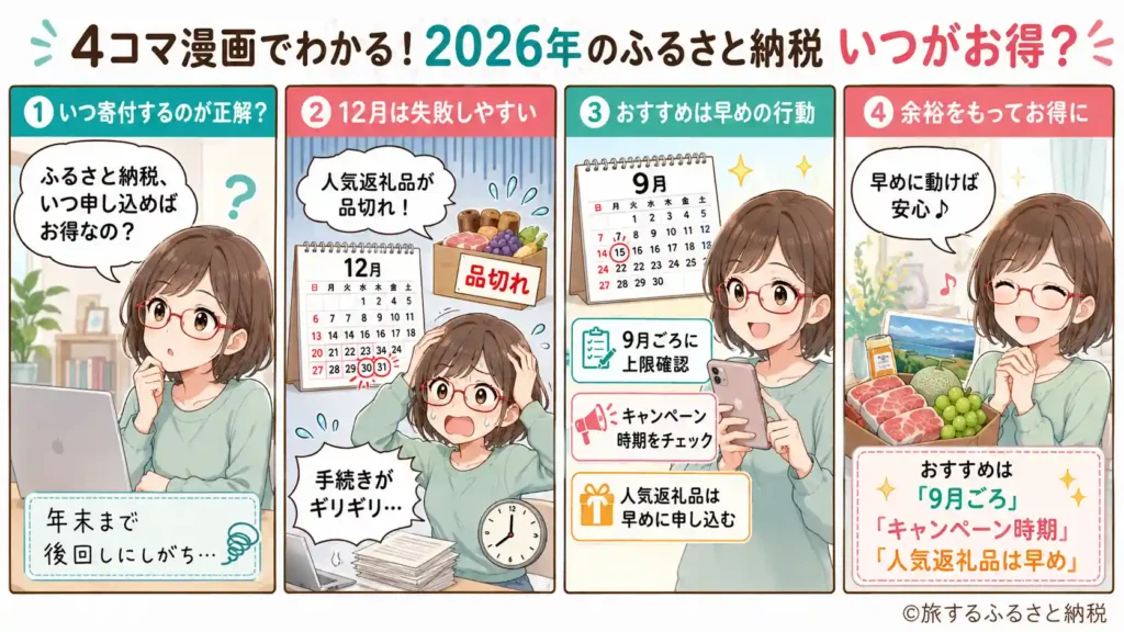 2026年のふるさと納税、いつ寄付するのがお得かを4コマ漫画で解説(9月ごろの上限確認・キャンペーン時期チェック・人気返礼品の早め申し込みがおすすめ)