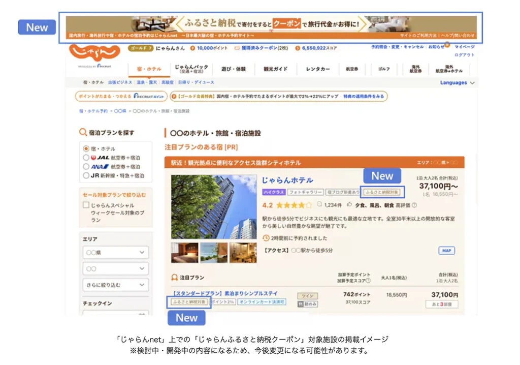 じゃらんnetの通常検索結果に「ふるさと納税対象」バッジが表示される掲載イメージ(検討中・開発中)