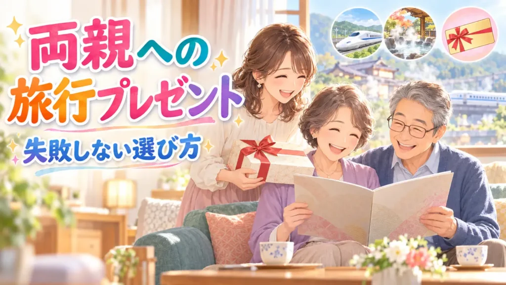 両親に旅行のカタログギフトを手渡す娘と、カタログを見て喜ぶ両親のイラスト
