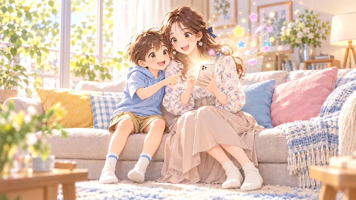 USJのポケモン新プロジェクトの発表をスマホで見て喜ぶ親子のイメージ